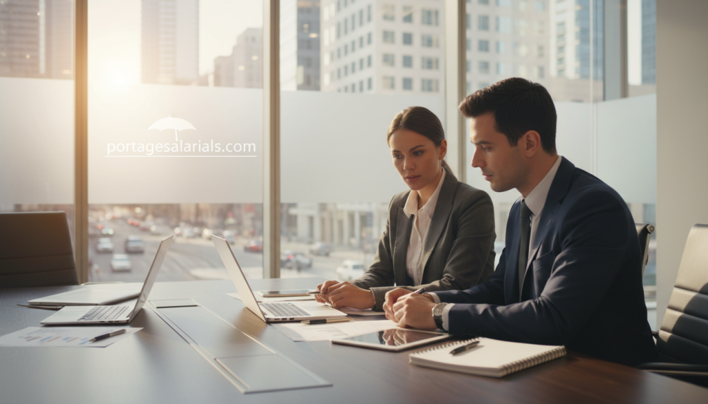 A professional office setting representing "société portage salarial." In the foreground, a diverse group of two business professionals, one male and one female, engaged in a discussion over a laptop, both dressed in smart business attire. The middle ground features a modern conference table with documents, laptops, and a notebook, symbolizing teamwork and collaboration. The background is a well-lit office space with glass walls, showcasing a bustling cityscape outside, hinting at the fast-paced world of work. Soft, natural lighting filters through the windows, creating a warm and inviting atmosphere. The image conveys a sense of responsibility and professionalism related to temporary employment and workplace safety. Include the brand name "portagesalarials.com" subtly integrated into one of the office elements, ensuring it is clear yet unobtrusive.