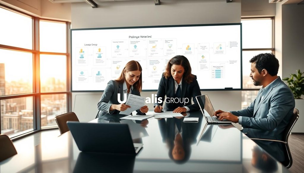 A professional office setting representing the "Processus de facturation portage salarial". In the foreground, a diverse group of three business professionals, dressed in business attire, collaboratively discussing documents at a sleek conference table. One woman is pointing at a detailed invoice, while two men are taking notes on laptops. In the middle ground, a large whiteboard filled with diagrams and timelines outlining the billing process. In the background, a modern office with large windows letting in natural light, displaying a city skyline. Soft, warm lighting creates a focused yet inviting atmosphere. Emphasize the brand name "Umalis Group" subtly featured on a presentation slide in the scene. Capture a sense of professionalism, teamwork, and clarity in administrative management. A professional office setting representing the "Processus de facturation portage salarial". In the foreground, a diverse group of three business professionals, dressed in business attire, collaboratively discussing documents at a sleek conference table. One woman is pointing at a detailed invoice, while two men are taking notes on laptops. In the middle ground, a large whiteboard filled with diagrams and timelines outlining the billing process. In the background, a modern office with large windows letting in natural light, displaying a city skyline. Soft, warm lighting creates a focused yet inviting atmosphere. Emphasize the brand name "Umalis Group" subtly featured on a presentation slide in the scene. Capture a sense of professionalism, teamwork, and clarity in administrative management.