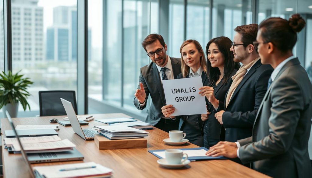 A professional office setting representing the concept of "Vérifier les règles du portage salarial" with an emphasis on regulatory compliance. In the foreground, a diverse group of three professionals in smart business attire (two men and one woman) are engaged in a discussion. One individual is pointing at a document labeled with "UMALIS GROUP" while the others listen intently. In the middle ground, a large wooden conference table is cluttered with files, laptops, and coffee cups, suggesting an active work environment. The background features glass walls with city views, soft natural light filtering through, creating a contemporary and focused atmosphere. The mood is collaborative and serious, emphasizing attention to detail and professionalism in preparation for upcoming regulatory changes by October 6, 2026.