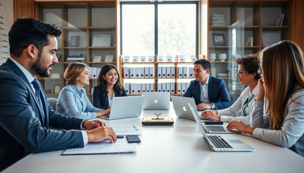 A professional office setting showcasing "Activité en portage salarial." In the foreground, a diverse group of three professionals, one in a sharp suit and the others in smart casual attire, are engaged in a discussion around a modern conference table filled with laptops and documents. In the middle, a large window allows soft, natural light to pour in, illuminating the space with a warm and inviting ambiance. In the background, a well-organized bookshelf reflects industry certifications and professional development materials. The mood is collaborative and focused, highlighting the dynamic nature of working in portage salarial. Subtly incorporate the logo of "UMALIS GROUP" on a visible document on the table. The angle of the shot is slightly elevated, capturing both the discussion and the clarity of the workspace.
