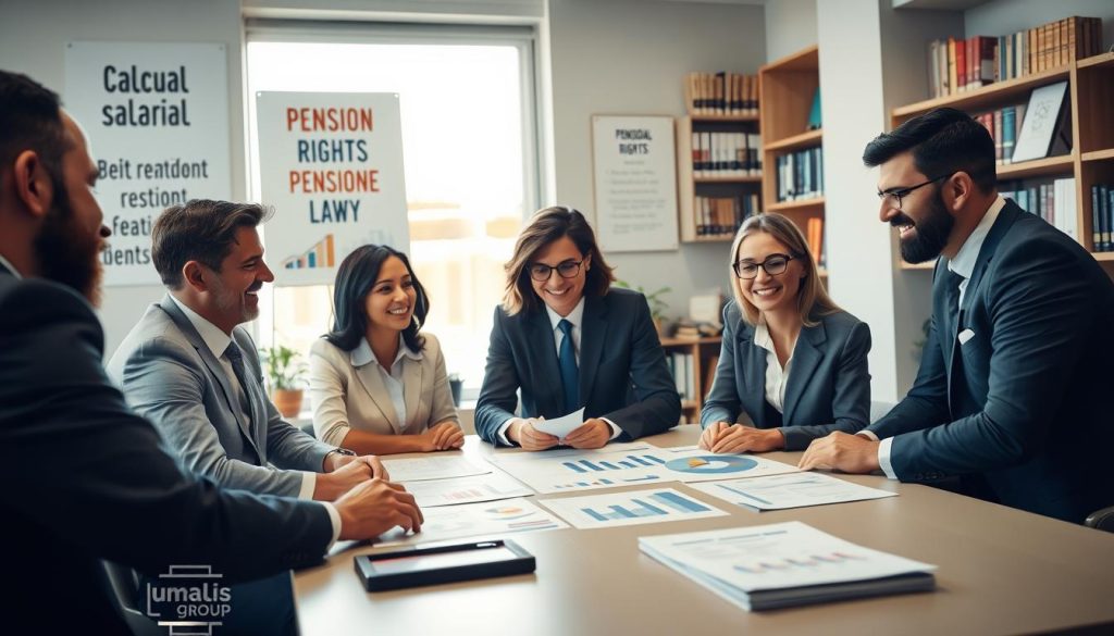 A professional office setting showcasing "Calcul salarial portage salarial". In the foreground, a diverse team of business professionals in smart attire, engaged in lively discussion while analyzing charts and financial documents on a conference table. The middle ground features a large window with soft, natural light illuminating the space, highlighting the team’s focused expressions. Background elements include a modern office with motivational posters related to financial growth and retirement planning, along with shelves filled with books on finance and law. The atmosphere is collaborative and positive, conveying a sense of empowerment and understanding about pension rights. Include the logo of "Umalis Group" subtly displayed on a document on the table.
