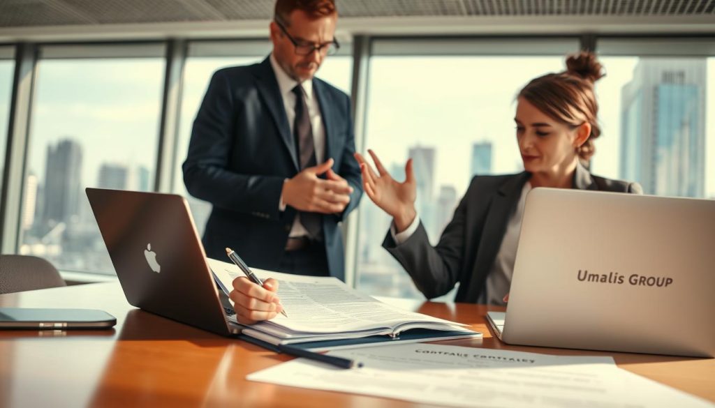 A professional office setting showcasing a "Contrat travail portage salarial". In the foreground, a well-dressed businesswoman examines a contract on her desk, with a laptop and a pen beside her. In the middle ground, a confident businessman gestures while discussing terms with her, both wearing smart business attire. The background features a large window revealing a city skyline, casting soft natural light across the scene. The atmosphere is focused and collaborative, emphasizing professionalism and clarity. The branding "Umalis Group" is subtly visible on a presentation folder on the desk. Use a warm color palette to enhance the mood of professionalism and approachability, with a slight depth of field to concentrate on the contract details.