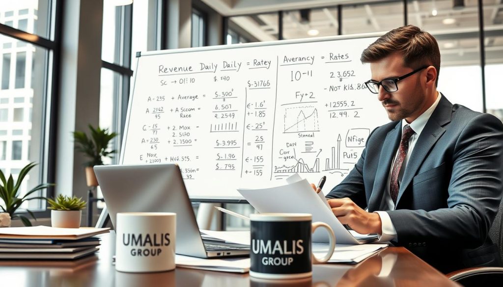 A professional office setting showcasing a business analyst calculating revenue based on average daily rates. In the foreground, a well-dressed individual in a business suit, focused and engaged, is using a laptop surrounded by financial documents and charts. The middle ground features a large whiteboard with handwritten formulas and graphics related to revenue calculations, symbolizing meticulous analysis. The background depicts a modern office environment with tall windows, allowing natural light to illuminate the scene, creating an atmosphere of efficiency and professionalism. The overall mood is one of productivity and clarity. The brand name "UMALIS GROUP" is subtly integrated into the office decor, perhaps on a branded mug or notepad visible in the foreground.