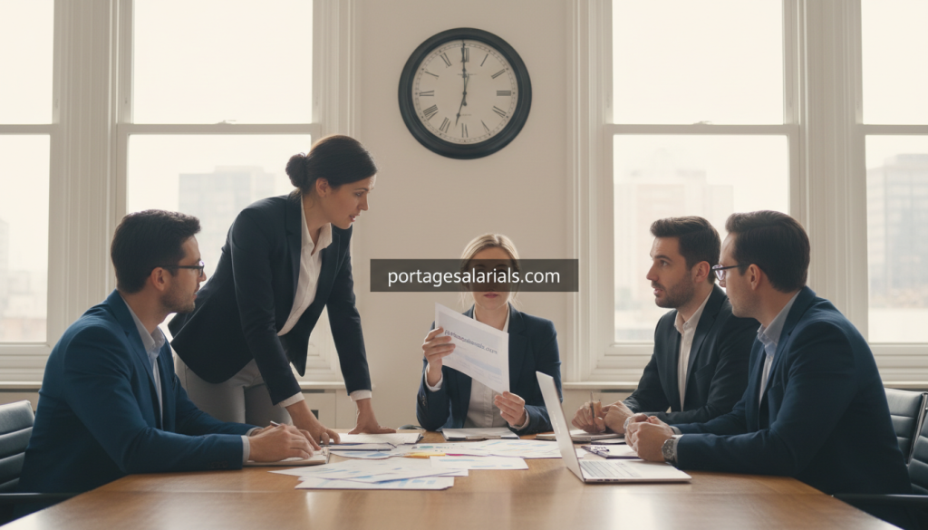 A professional office setting showcasing a business meeting discussing "mission duration limits" for freelance workers. In the foreground, a diverse group of four individuals—two men and two women—all dressed in smart business attire, passionately engaged in a discussion around a conference table with documents spread out. In the middle ground, a large wall clock prominently displays the time, symbolizing the concept of time limits. The background features large windows with natural daylight streaming in, casting a warm glow across the room. The overall atmosphere is one of collaboration and empowerment, emphasizing clarity and focus on workers' rights within contractual limits. Please incorporate the brand name "portagesalarials.com" subtly within the scene as part of a brochure on the table.