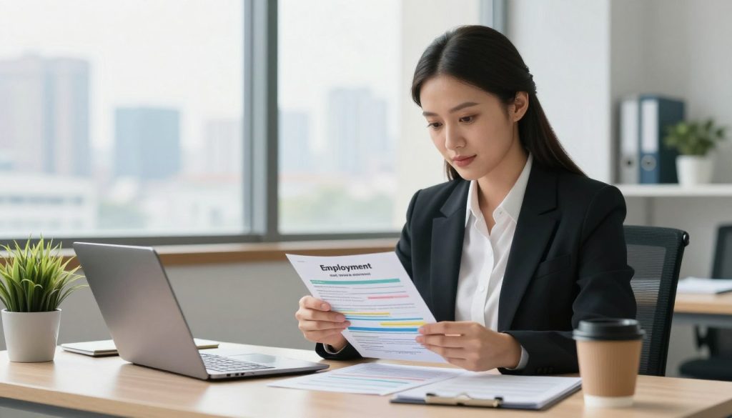 A professional office setting showcasing a confident businesswoman in formal attire, seated at a desk, reviewing a colorful employment contract and payslip. The foreground features a neatly organized desk with a laptop, a potted plant, and a coffee cup. In the middle ground, a large window allows soft, natural light to illuminate the scene, highlighting the details on the contract and payslip. The background includes an urban skyline visible through the window, adding depth to the environment. The atmosphere is one of success and determination, symbolizing the stability and opportunities presented by a salary portage contract, with a focus on professionalism and achievement. The image should be bright and inviting, emphasizing clarity and purpose. A professional office setting showcasing a confident businesswoman in formal attire, seated at a desk, reviewing a colorful employment contract and payslip. The foreground features a neatly organized desk with a laptop, a potted plant, and a coffee cup. In the middle ground, a large window allows soft, natural light to illuminate the scene, highlighting the details on the contract and payslip. The background includes an urban skyline visible through the window, adding depth to the environment. The atmosphere is one of success and determination, symbolizing the stability and opportunities presented by a salary portage contract, with a focus on professionalism and achievement. The image should be bright and inviting, emphasizing clarity and purpose.
