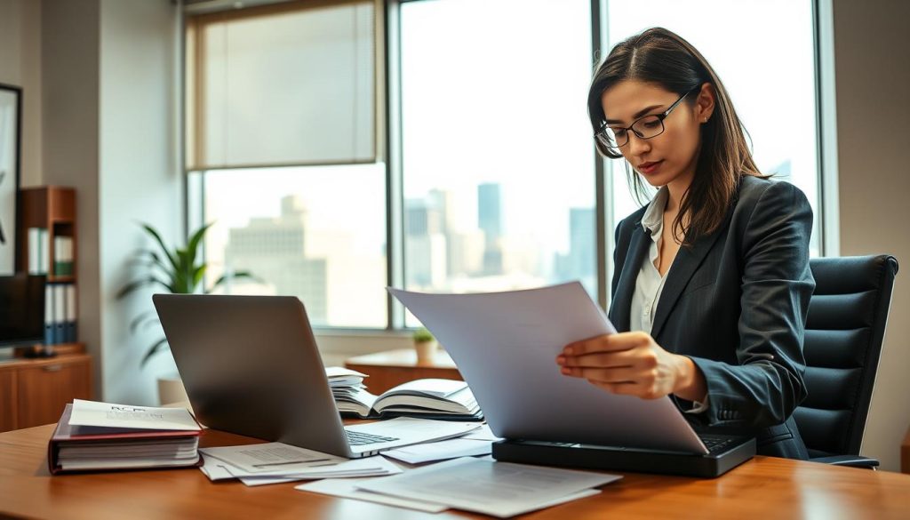 A professional office setting showcasing a confident independent worker analyzing legal documents related to professional insurance, specifically RCP litigation. In the foreground, a businesswoman in smart casual attire examines a laptop and assorted papers. In the middle, a well-organized desk with an open binder labeled "RCP Litigation" and a potted plant to add warmth. The background features a large window overlooking a cityscape, allowing natural light to flood the room, creating an inviting atmosphere. The mood should be focused and determined, highlighting the importance of security for independents in a professional context. Use soft lighting to enhance the serious yet optimistic ambiance, captured from a slightly elevated angle to provide depth.