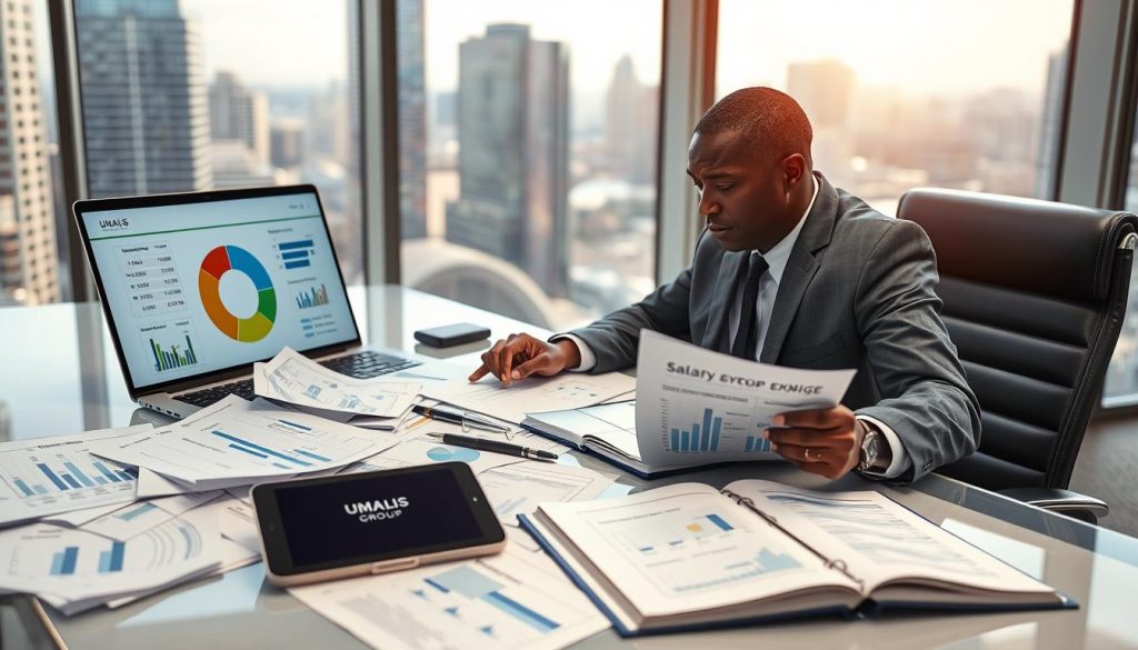 A professional office setting showcasing a detailed analysis of financial expenses related to salary portage. In the foreground, a well-dressed consultant sits at a sleek, modern desk littered with charts, graphs, and documents illustrating various fees and commissions. The consultant, a middle-aged African-American man, is intently examining a large pie chart on a laptop screen, projecting focused determination. In the middle ground, open notebooks and a tablet display numerical data and professional diagrams. The background features a soft-focus of a vibrant cityscape through large windows, with natural light filtering in, creating a bright and optimistic atmosphere. The branding "UMALIS GROUP" is subtly included on documents. The scene conveys professionalism, attention to detail, and analytical focus.