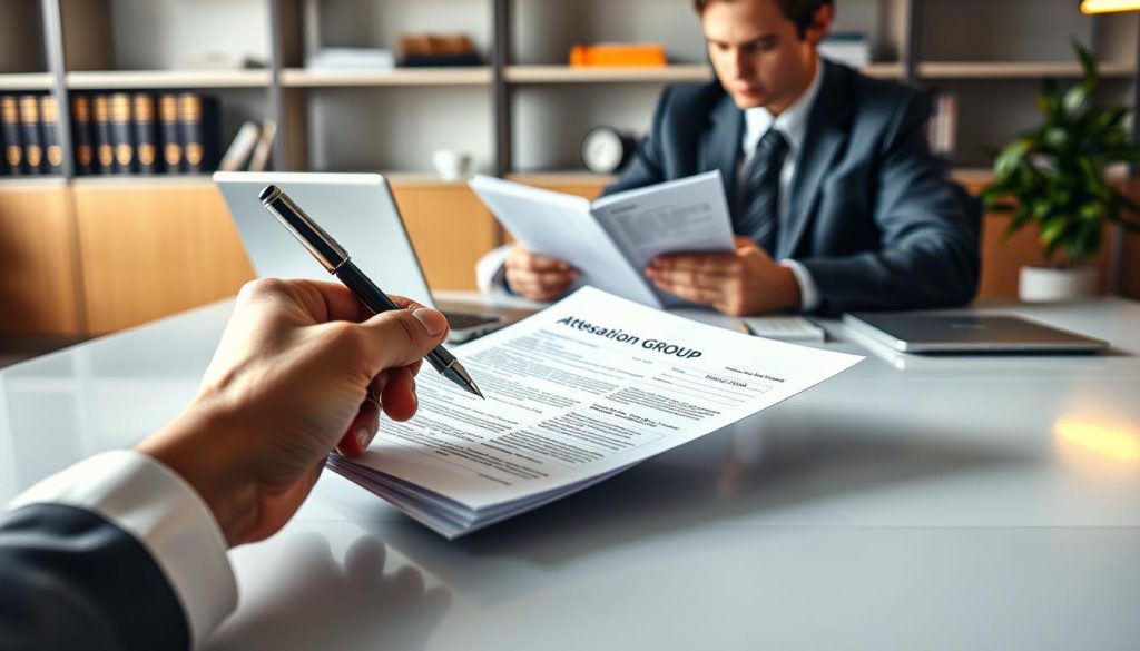 A professional office setting showcasing a detailed "attestation employeur" document prominently displayed on a sleek, modern desk. In the foreground, a hand holds a pen poised above the document, with a focus on the name "UMALIS GROUP" printed clearly at the top. In the middle ground, a business professional in smart attire is engaged in reading the document, reflecting concentration and seriousness. The background features soft-focus elements of an organized office, such as shelves with legal books, a laptop, and a plant, all bathed in warm, natural lighting. The scene conveys a mood of professionalism and clarity, suitable for the subject of employment documentation in France.