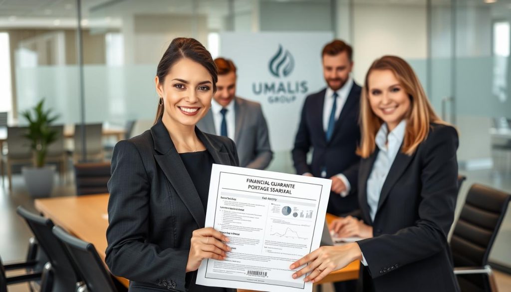 A professional office setting showcasing a diverse group of business professionals gathered around a conference table, discussing financial security and employee protection in the context of "portage salarial." In the foreground, a confident woman in smart business attire holds an up-to-date financial guarantee document, symbolizing assurance. In the middle ground, two male colleagues engage in conversation, analyzing charts and financial reports on a laptop. The background features a modern office with glass walls, soft natural lighting filtering in, creating an open and collaborative atmosphere. Emphasize a sense of trust and professionalism, with the logo of "UMALIS GROUP" subtly displayed on a document or screen in the background.