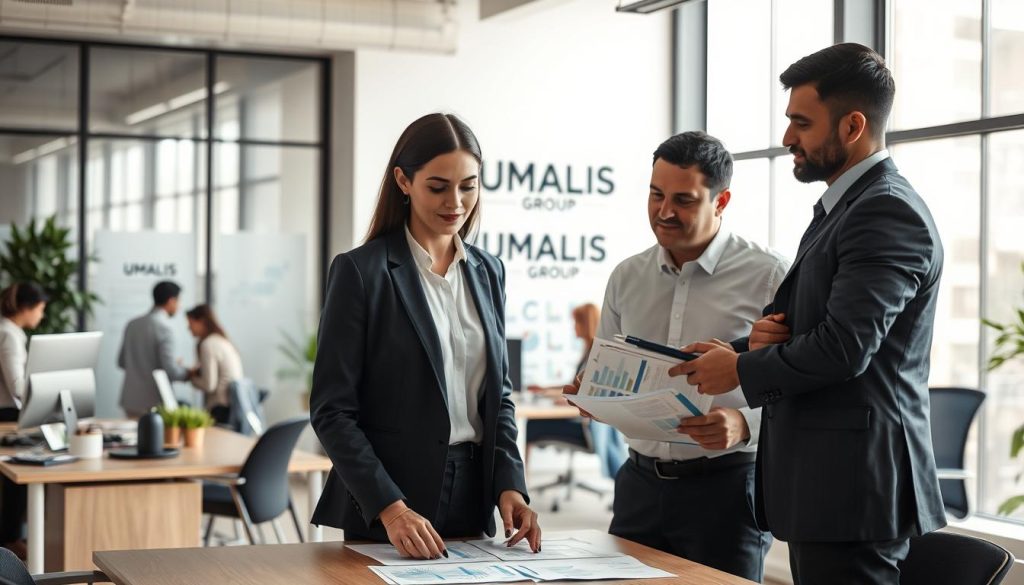 A professional office setting showcasing a diverse group of employees engaged in a discussion about social protection rights for "salariés portés." In the foreground, two individuals in smart business attire (a woman in a tailored blazer and a man in a dress shirt) are reviewing documents on a table, symbolizing collaboration. The middle ground features a modern workspace with computers, charts, and the logo of "UMALIS GROUP" prominently displayed on a wall. The background shows large windows allowing natural light to flood the room, creating a bright and inviting atmosphere. The overall mood is one of empowerment and professionalism, conveying a sense of security and support for workers’ rights. The image should maintain a clean and organized appearance, free of any text or distractions. A professional office setting showcasing a diverse group of employees engaged in a discussion about social protection rights for "salariés portés." In the foreground, two individuals in smart business attire (a woman in a tailored blazer and a man in a dress shirt) are reviewing documents on a table, symbolizing collaboration. The middle ground features a modern workspace with computers, charts, and the logo of "UMALIS GROUP" prominently displayed on a wall. The background shows large windows allowing natural light to flood the room, creating a bright and inviting atmosphere. The overall mood is one of empowerment and professionalism, conveying a sense of security and support for workers’ rights. The image should maintain a clean and organized appearance, free of any text or distractions.
