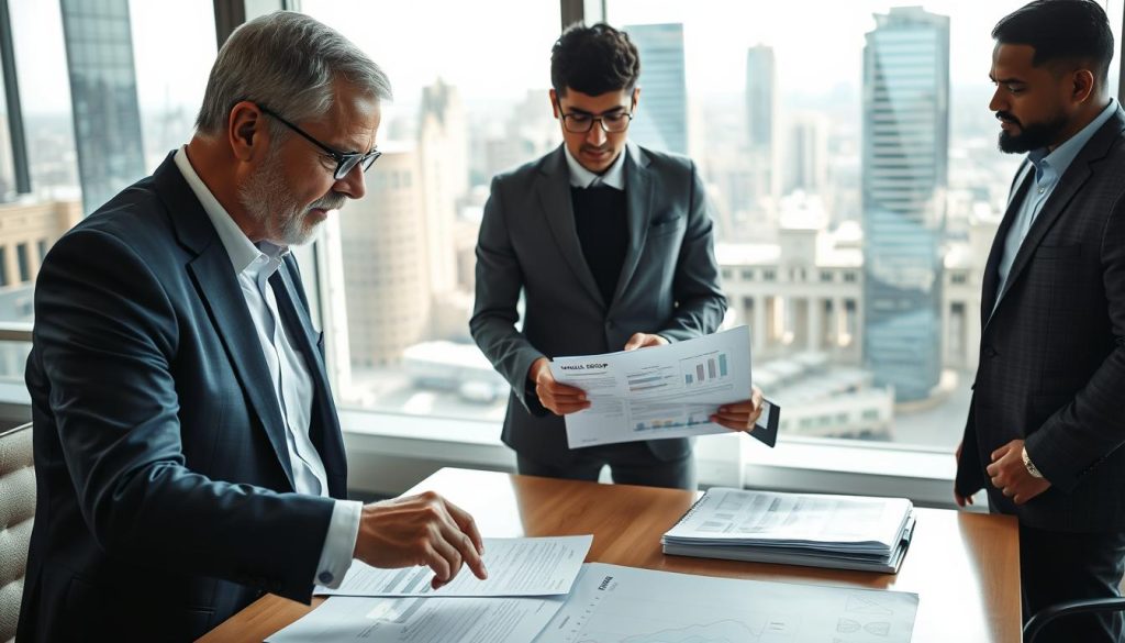 A professional office setting showcasing a diverse group of four professionals engaged in a discussion about VAT exemptions in the context of portage salarial. In the foreground, a middle-aged Caucasian man in a sharp suit points to documents on a desk, while a young Black woman in business attire takes notes on a tablet. A South Asian man in a blazer stands nearby, thoughtfully analyzing charts. In the background, a window reveals a bustling cityscape bathed in natural light, enhancing the atmosphere of professionalism and collaboration. The scene conveys a sense of focus and determination, with an air of clarity about financial regulations. The branding "UMALIS GROUP" is subtly featured on a visible document. Bright, even lighting highlights the participants and their engagement in the topic.