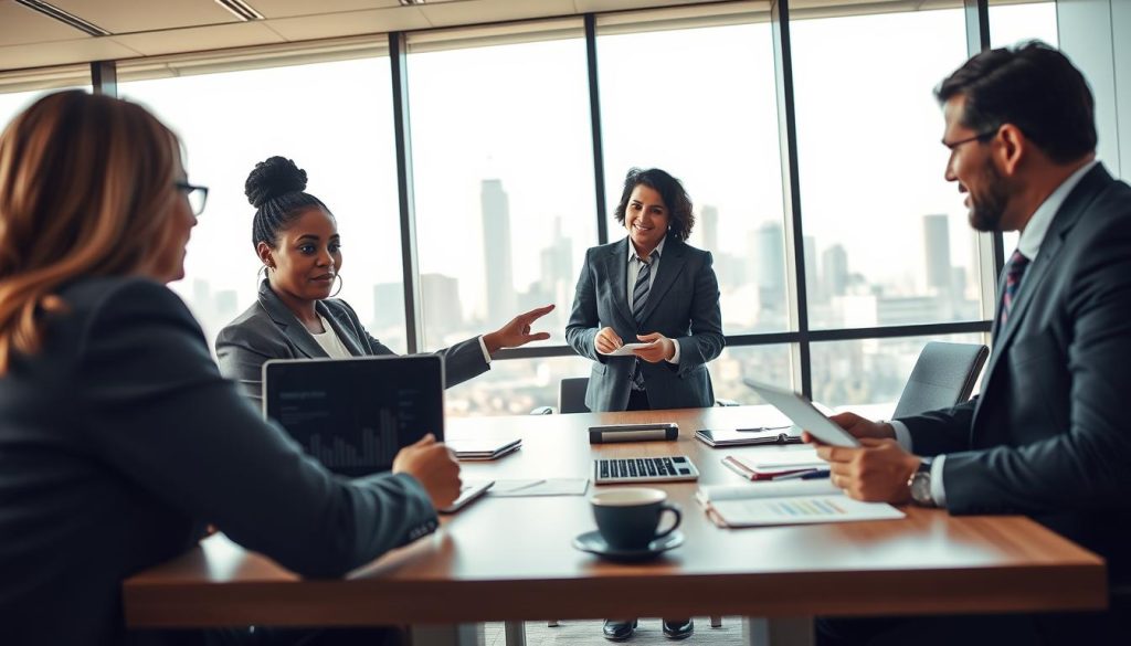 A professional office setting showcasing a diverse group of individuals engaged in a discussion about choosing a portage salarial company. In the foreground, a Black woman in a tailored blazer points to a laptop screen displaying statistics, while a South Asian man in formal attire takes notes. In the middle ground, a conference table with business documents, tablets, and a coffee cup suggests a productive atmosphere. In the background, large windows let in natural light, illuminating a modern city skyline. The mood is collaborative and focused, emphasizing professionalism and partnership opportunities. The image is captured with a wide-angle lens to enhance depth, with soft, warm lighting highlighting the subjects' expressions.