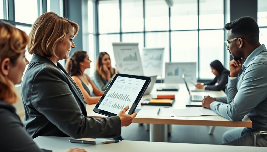 A professional office setting, showcasing a diverse group of individuals engaged in discussion around a large conference table. In the foreground, a middle-aged businesswoman in a tailored suit is pointing at a digital tablet displaying charts, conveying the concept of "challenges in salary portage." Opposite her, a young man in business casual attire listens intently, with an expression reflecting concern about commission structures. The middle area features documents, laptops, and a whiteboard filled with notes and graphs, symbolizing the complexities of freelance missions. In the background, large windows let in soft, natural light, illuminating the room and creating a focused atmosphere. The overall mood is one of professionalism, collaboration, and contemplation, perfect for depicting the challenges and constraints associated with salary portage.