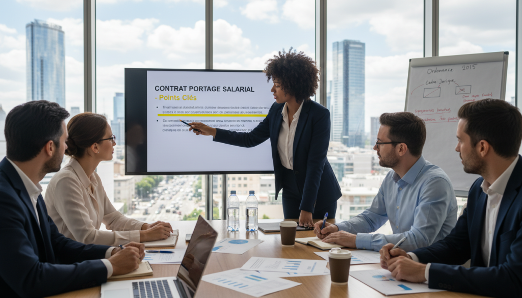 A professional office setting showcasing a diverse group of individuals in business attire, engaged in a discussion about "contrat portage salarial". In the foreground, one person is gesturing towards a document highlighted with key points, while others attentively listen and take notes. The middle ground features a large table cluttered with papers, laptops, and coffee cups, indicating a collaborative meeting atmosphere. In the background, glass windows reveal a bustling cityscape, symbolizing the modern business environment. Soft, natural lighting floods the room, with a focus on the individuals' expressions to convey clarity and engagement. The overall mood is professional and dynamic, reflecting a significant change in legal frameworks since the 2015 ordonnance. Include the website brand "portagesalarials.com" subtly integrated into the scene, positioned on a notebook or digital screen. A professional office setting showcasing a diverse group of individuals in business attire, engaged in a discussion about "contrat portage salarial". In the foreground, one person is gesturing towards a document highlighted with key points, while others attentively listen and take notes. The middle ground features a large table cluttered with papers, laptops, and coffee cups, indicating a collaborative meeting atmosphere. In the background, glass windows reveal a bustling cityscape, symbolizing the modern business environment. Soft, natural lighting floods the room, with a focus on the individuals' expressions to convey clarity and engagement. The overall mood is professional and dynamic, reflecting a significant change in legal frameworks since the 2015 ordonnance. Include the website brand "portagesalarials.com" subtly integrated into the scene, positioned on a notebook or digital screen.