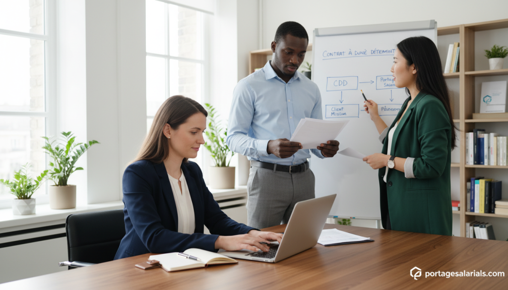 A professional office setting showcasing a diverse group of three individuals engaged in a discussion about drafting a fixed-term employment contract (CDD) in the context of portage salarial in France. In the foreground, one person, a Caucasian woman in professional attire, is typing on a laptop while taking notes. In the middle ground, a Black man in business casual attire is reviewing documents, and an Asian woman in a smart blazer is pointing at a chart on a whiteboard. The background features modern office decor with shelves of books and plants, creating a collaborative and focused atmosphere. The scene is well-lit with natural light coming through large windows, providing a bright and optimistic mood. The image should subtly include branding elements related to portagesalarials.com, perhaps through a discreet logo on an item in the background.