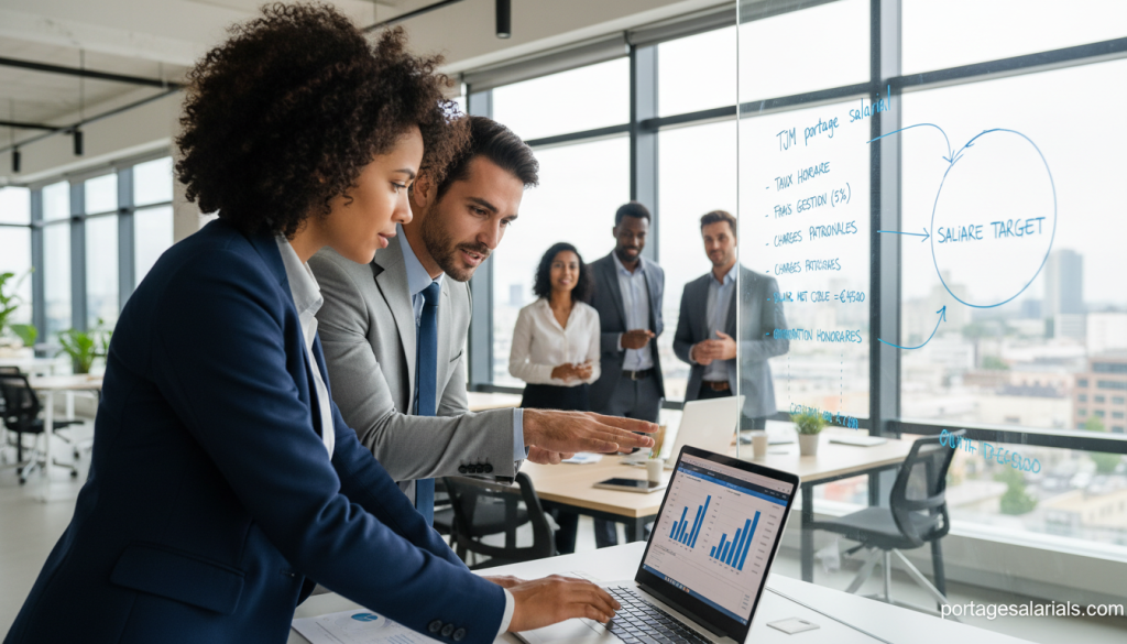 A professional office setting showcasing a diverse team of people engaged in a collaborative discussion about "TJM portage salarial." In the foreground, a focused businesswoman, dressed in smart attire, is analyzing financial charts on a laptop, while a businessman beside her offers insights. In the middle, a whiteboard filled with notes and calculations about rates and fees can be seen, symbolizing the process of setting a target salary. In the background, large windows allow natural light to stream in, enhancing a bright and motivated atmosphere. The overall mood is professional and dynamic, reflecting teamwork and financial planning. The image should capture the essence of determining honoraires to reach salary targets. Include the brand name "portagesalarials.com" subtly in the corner.