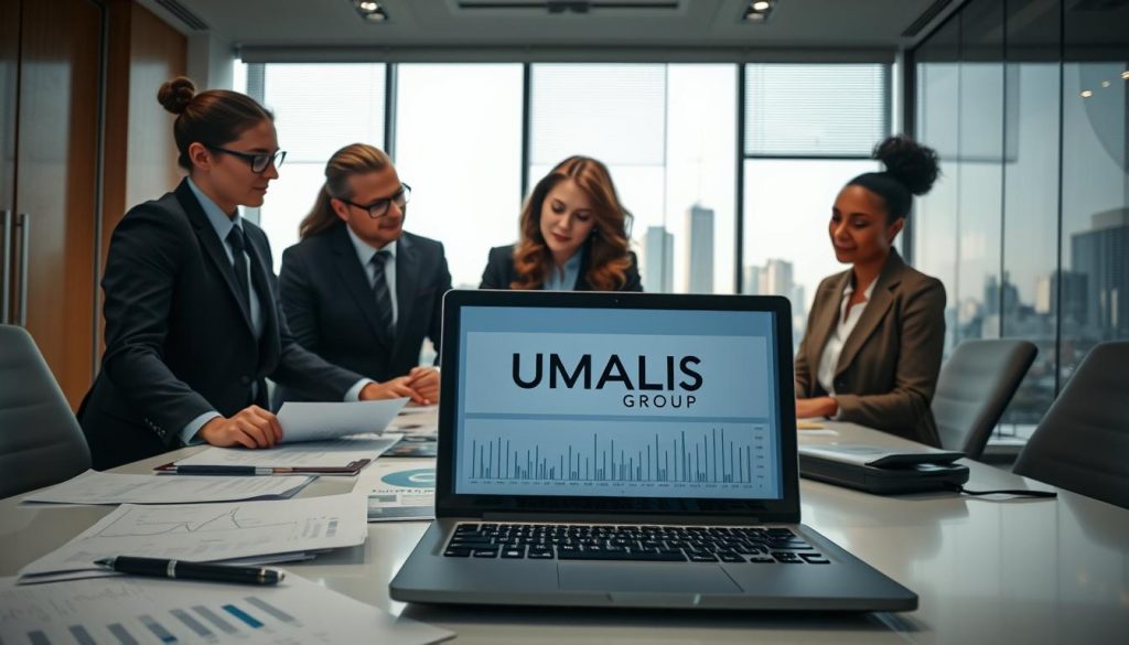 A professional office setting showcasing a focused business environment. In the foreground, a diverse group of three professionals, dressed in smart business attire, are engaged in a discussion around a laptop displaying financial graphs and a calculator. The middle shows a sleek conference table cluttered with financial documents and business analytics, while a window in the background offers a city skyline view, bathed in soft daylight. The atmosphere is collaborative and analytical, emphasizing clarity in financial decision-making. Soft overhead lighting enhances the professionalism of the scene, with a subtle focus on the individuals’ expressions as they navigate the complexities of "calculating revenue in portage salarial." Include the brand name "UMALIS GROUP" on the laptop screen, reinforcing the theme of financial consultancy.