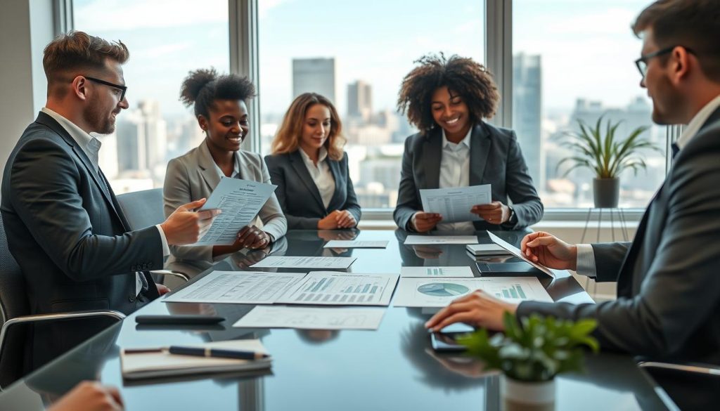 A professional office setting showcasing a group meeting. In the foreground, two diverse business professionals are engaged in a discussion, one presenting data on a laptop, while the other takes notes. They both wear smart business attire. In the middle ground, a large table holds documents and charts illustrating tax differences, labeled for clarity, while business-themed décor surrounds them. In the background, a large window reveals a city skyline, providing natural lighting that creates a bright yet focused atmosphere. The mood is collaborative and informative, highlighting the concept of "portage salarial" as a professional and fiscal topic. Include subtle branding elements of "UMALIS GROUP" in the decor, ensuring they are tasteful and unobtrusive.