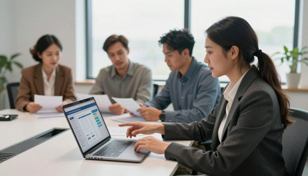 A professional office setting showcasing a group of diverse IT professionals engaged in discussion. In the foreground, a confident woman in business attire is pointing at a laptop displaying project management software, symbolizing collaboration in a portage salarial context. In the middle, two men and a woman are seated around a modern conference table, reviewing documents and sharing ideas, all dressed in smart casual clothing. The background features a large window with natural light streaming in, creating an inviting atmosphere. The overall mood is focused and professional, emphasizing teamwork and the steps towards becoming an IT freelancer under a portage salarial framework. The image is well-lit with soft, warm lighting, captured from a slightly elevated angle to encompass the workspace.