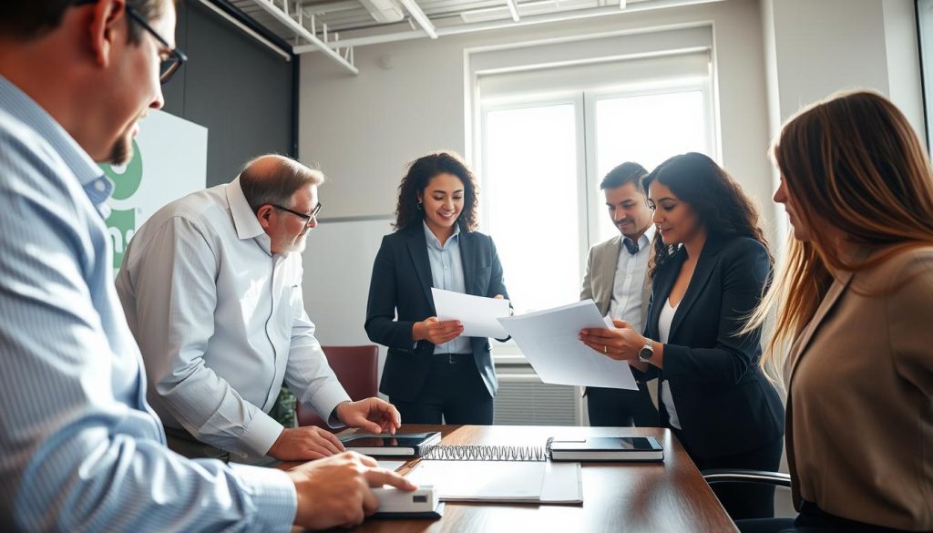 A professional office setting showcasing a group of diverse individuals engaged in a discussion about contractual obligations related to "portage salarial." In the foreground, a middle-aged man and a young woman in business attire examine a document on the table, emphasizing collaboration and focus. The middle of the image features a conference table with binders and digital devices, symbolizing the modern workplace. In the background, a window with natural light streaming in, illuminating the room and creating a bright, hopeful atmosphere. Soft shadows accentuate the details, and the overall mood conveys professionalism and clarity. Include subtle branding elements of "UMALIS GROUP" integrated into the office decor, maintaining a clean, organized aesthetic.