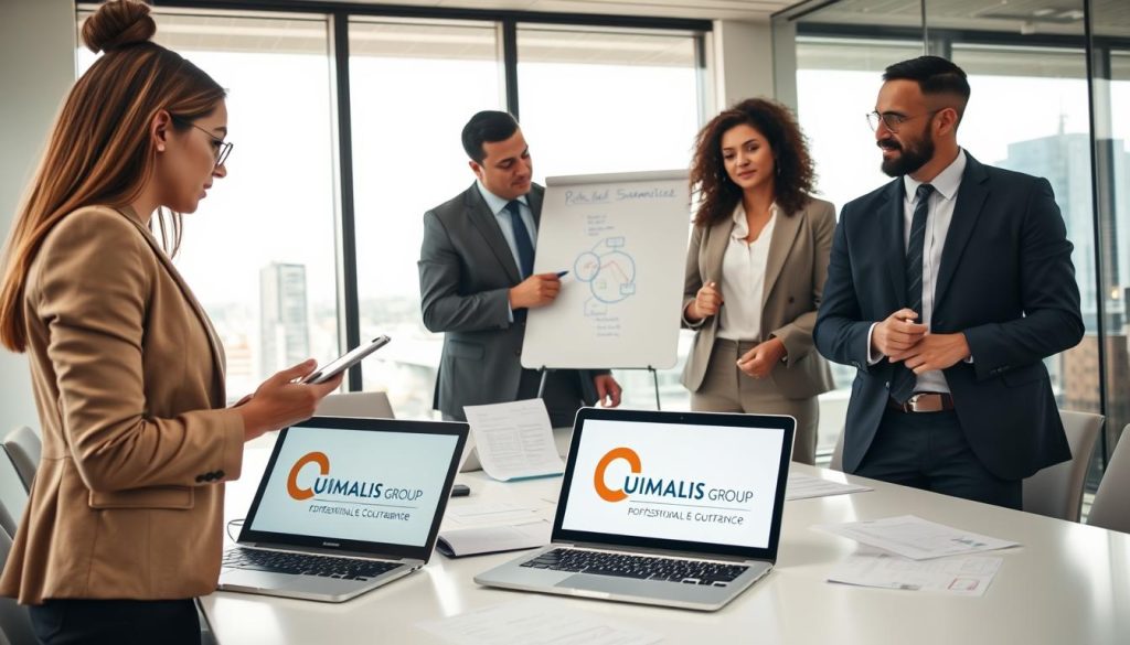 A professional office setting showcasing a group of diverse professionals engaged in a collaborative discussion about "RC Pro" in the context of "portage salarial." In the foreground, a confident businesswoman wearing a smart blazer takes notes on a digital tablet, while a businessman in a tailored suit highlights key points on a whiteboard. The middle ground features a modern conference table adorned with paperwork and a laptop displaying graphs related to professional liability insurance. In the background, large windows optimize natural light, creating an inviting atmosphere with a view of a city skyline. The scene conveys a sense of focus and teamwork, emphasizing the importance of professional civil liability coverage, branded with the logo of "UMALIS GROUP" subtly visible on the tablet screen.