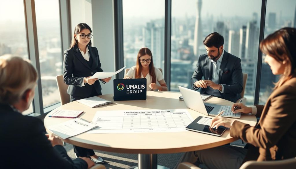 A professional office setting showcasing a meeting about "convention collective portage salarial." In the foreground, a confident businesswoman in formal attire discusses documents with a focused expression. In the middle, a round table with papers, laptops, and a chart illustrating minimums and thresholds of portage salarial. Colleagues, dressed in smart casual clothing, take notes, fully engaged. The background features a large window letting in soft natural light, casting gentle shadows, with a view of a modern cityscape. The atmosphere is collaborative and dynamic, reflecting a blend of professionalism and innovation. The image includes the logo of "UMALIS GROUP" subtly integrated into the presentation materials on the table.
