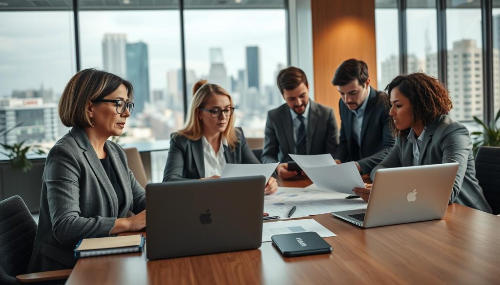 A professional office setting showcasing a modern coworking space with individuals engaged in discussions about "société portage." In the foreground, a diverse group of business professionals in smart attire, including a middle-aged woman with glasses and a younger man wearing a suit, are reviewing documents and exchanging ideas. The middle ground features a large table with laptops, charts, and notebooks, emphasizing collaboration. In the background, a glass wall reveals a bustling urban skyline, with soft natural light filtering in, creating an inviting atmosphere. The mood is focused and productive, reflecting the important decision-making involved in choosing a portage company. Include elements branded with "UMALIS GROUP" subtly integrated into the environment, such as a logo on a notebook or digital screen.