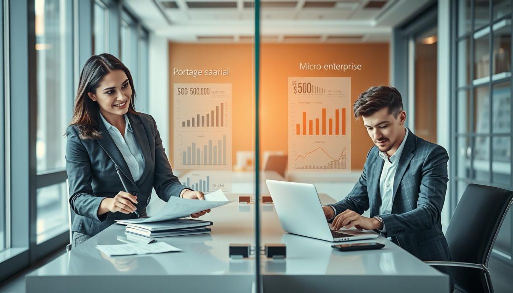 A professional office setting showcasing a split comparison between "portage salarial" and "micro-entreprise." In the foreground, a confident businesswoman in professional attire analyzes documents on a sleek desk, embodying the portage salarial aspect. Beside her, a young man in smart casual clothing works on a laptop, symbolizing the micro-entreprise side. In the middle, a clear glass partition separates the two sections, each decorated with charts and graphs illustrating financial concepts. The background features modern office elements like large windows with soft natural light streaming in, creating an atmosphere of productivity and focus. The image conveys professionalism and clarity, highlighting the nuances between the two business models in a dynamic and engaging way. A professional office setting showcasing a split comparison between "portage salarial" and "micro-entreprise." In the foreground, a confident businesswoman in professional attire analyzes documents on a sleek desk, embodying the portage salarial aspect. Beside her, a young man in smart casual clothing works on a laptop, symbolizing the micro-entreprise side. In the middle, a clear glass partition separates the two sections, each decorated with charts and graphs illustrating financial concepts. The background features modern office elements like large windows with soft natural light streaming in, creating an atmosphere of productivity and focus. The image conveys professionalism and clarity, highlighting the nuances between the two business models in a dynamic and engaging way.