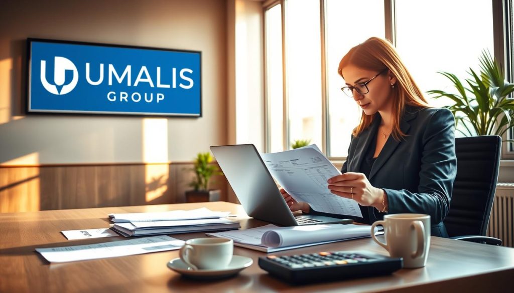 A professional office setting showcasing a stylish, modern workspace focused on facturation in portage salarial. In the foreground, a well-dressed woman is intently reviewing invoices and financial documents on her laptop, wearing smart business attire. The middle ground features a sleek desk with organized paperwork, a calculator, and a cup of coffee, symbolizing meticulous attention to detail. The background includes large windows letting in warm, natural light, illuminating the room and creating a productive atmosphere. Soft shadows enhance the depth of the scene. The brand name "UMALIS GROUP" is subtly integrated into a framed logo on the wall without dominating the composition. The overall mood conveys professionalism, diligence, and a focus on preventing billing errors.