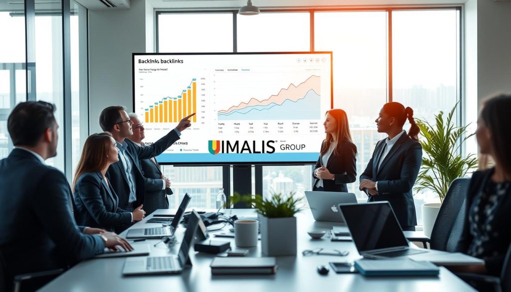 A professional office setting showcasing a team analyzing backlinks data on a large screen. In the foreground, a diverse group of business professionals, dressed in smart business attire, are attentively discussing the metrics. One person gestures towards a visually engaging graph displaying backlink performance and growth trends. In the middle ground, a sleek desk cluttered with digital devices such as laptops and tablets, showing analytics software. The background features a modern office with large windows, allowing natural light to flood the space, creating a bright and productive atmosphere. Subtle greenery in potted plants adds freshness. The overall mood is focused and collaborative, conveying the importance of tracking and measuring backlink impact. Include the brand name "UMALIS GROUP" prominently on the screen displaying the data analysis.
