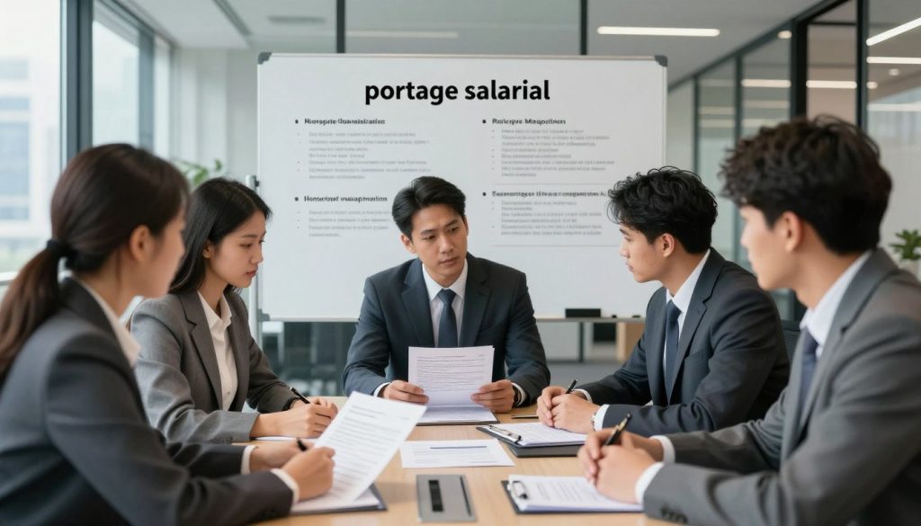 A professional office setting showcasing compliance in the context of "portage salarial." In the foreground, a diverse group of professionals in business attire is engaged in a serious discussion at a conference table, analyzing legal documents and compliance checklists. In the middle ground, a large whiteboard displays key compliance points and risk management strategies clearly outlined. The background features a modern office with glass walls, showcasing city views that imply a dynamic work environment. Soft, natural lighting floods the room, enhancing a focused yet tense atmosphere, with a slightly blurred depth of field to emphasize the professionals. The angle captures the intensity of their deliberation, highlighting the importance of compliance in their roles as both clients and employees.