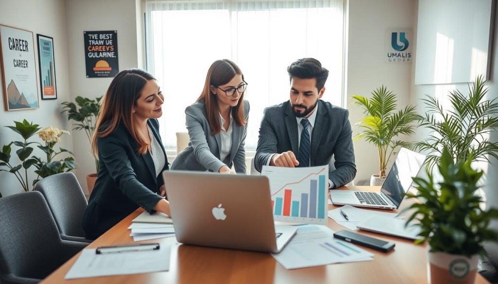 A professional office setting showcasing diverse career opportunities in portage salarial, featuring three business professionals in smart attire, engaged in a collaborative discussion around a table with laptops open and documents spread out. In the foreground, one person is pointing at a graph displaying career growth, while the others listen attentively, exuding a sense of curiosity and optimism. The middle layer displays a large window with soft, natural light streaming in, illuminating the room and casting gentle shadows, enhancing the atmosphere of productivity and hope. The background features plants and motivational posters, as well as the logo of “UMALIS GROUP” subtly placed on a wall, symbolizing partnership and support in career exploration. Aim for a warm, inviting mood that inspires ambition. A professional office setting showcasing diverse career opportunities in portage salarial, featuring three business professionals in smart attire, engaged in a collaborative discussion around a table with laptops open and documents spread out. In the foreground, one person is pointing at a graph displaying career growth, while the others listen attentively, exuding a sense of curiosity and optimism. The middle layer displays a large window with soft, natural light streaming in, illuminating the room and casting gentle shadows, enhancing the atmosphere of productivity and hope. The background features plants and motivational posters, as well as the logo of “UMALIS GROUP” subtly placed on a wall, symbolizing partnership and support in career exploration. Aim for a warm, inviting mood that inspires ambition.