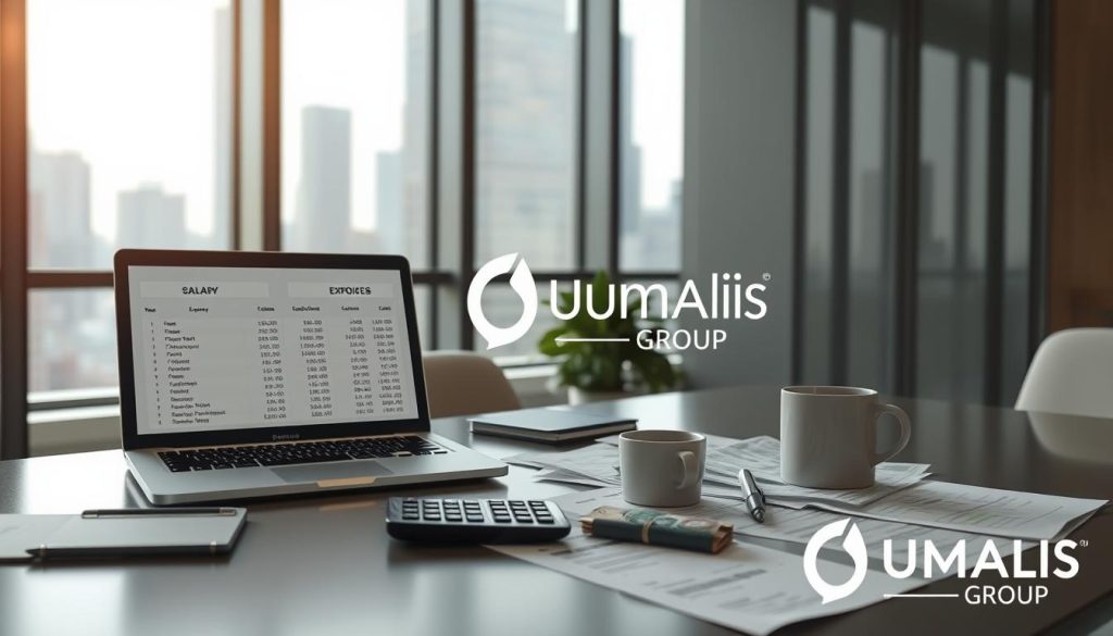 A professional office setting showcasing elements related to "Salary, Fees, Expenses, Invoicing, and Currency Terms." In the foreground, a modern desk with an open laptop displaying financial data, alongside neatly arranged documents like invoices and expense reports. In the middle ground, a calculator, currency notes, and a pen sit next to a cup of coffee, reflecting a busy work environment. The background features a large window with natural light streaming in, illuminating a cityscape view that conveys professionalism and success. The atmosphere should feel organized and focused, ideal for a financial discussion. The Umalis Group logo subtly integrated into the scene, enhancing the professional tone. The image should not contain any text or logos apart from Umalis Group.