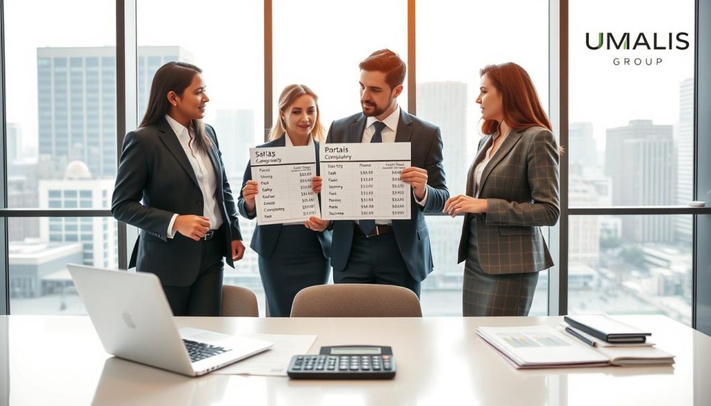 A professional office setting showcasing the components of a salary in portage salarial. In the foreground, display a clean, modern desk with a laptop, documents, and a calculator, symbolizing financial analysis. In the middle, place a diverse group of three professionals in smart business attire discussing and analyzing charts displaying salary components, such as gross salary, contributions, and net income. The background should feature a glass wall with a city skyline view, allowing natural light to fill the room, creating a bright and productive atmosphere. The overall mood is focused and collaborative, reflecting the dynamics of salary management in the portage salarial system. Incorporate subtle branding elements representing "UMALIS GROUP" within the workspace, ensuring a cohesive look.