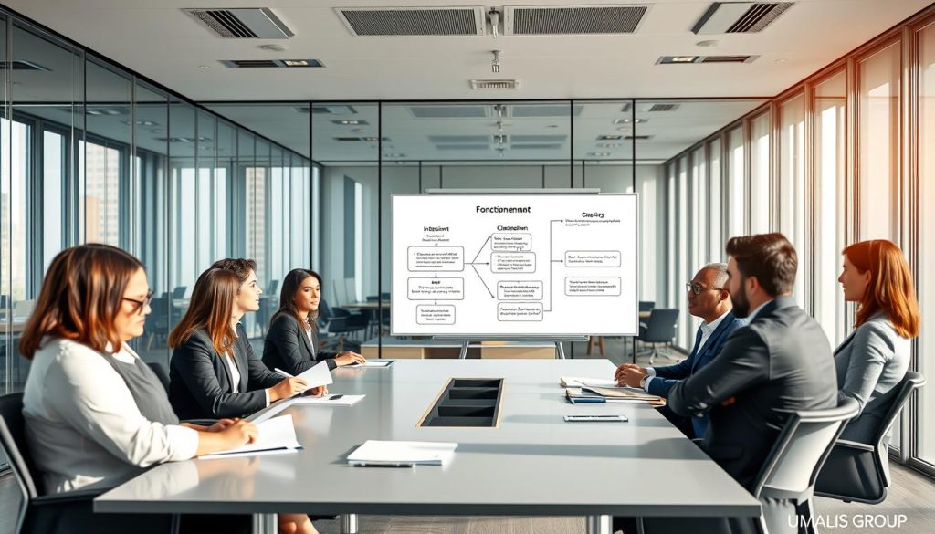 A professional office setting showcasing the concept of "CDI portage salarial." In the foreground, a diverse group of business professionals in smart attire is engaged in a meeting around a modern conference table, discussing documents and charts. In the middle, a large whiteboard displays structured diagrams illustrating "fonctionnement," "inter-missions," and "classification," with clear and legible visuals. The background features a sleek, contemporary office with glass walls and large windows, allowing natural light to flood the space, creating an inviting atmosphere. The image should convey a sense of collaboration and professionalism, representative of the company "UMALIS GROUP." Ensure the lighting is bright and warm, giving the scene a positive, productive feel.