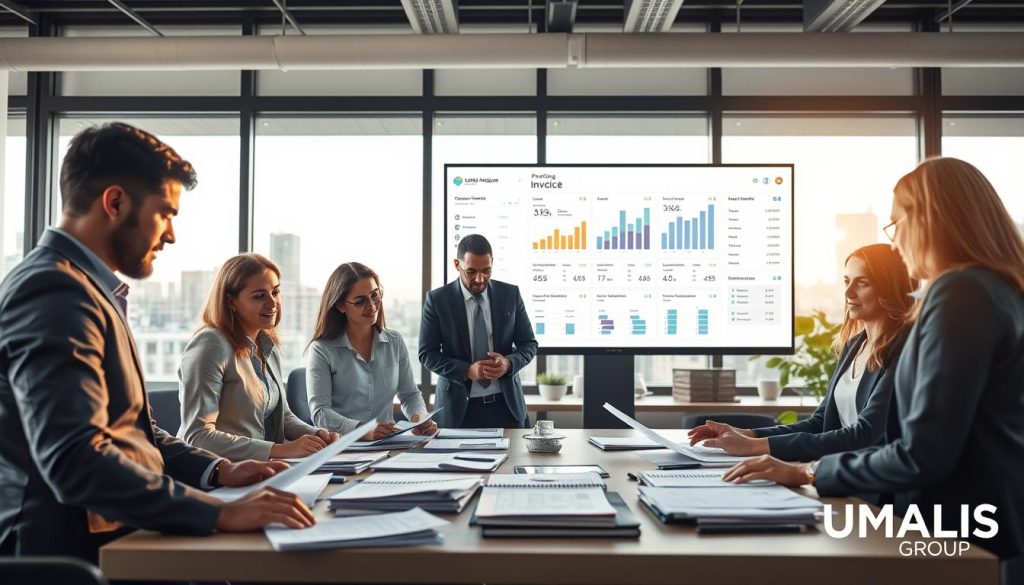 A professional office setting showcasing the concept of “Portage salarial et rapprochement des missions.” In the foreground, a group of diverse professionals in business attire, including both men and women, gather around a table filled with documents, invoices, and charts. They are engaged in a focused discussion, analyzing the data. In the middle ground, a large digital screen displays a detailed financial dashboard with graphs and numbers related to pending invoices. The background features a modern office with large windows allowing soft, natural light to illuminate the room, creating a warm and productive atmosphere. The overall mood is one of collaboration and determination, emphasizing the importance of accurate financial tracking and organization. "UMALIS GROUP" is subtly integrated into the office decor without being overly prominent.