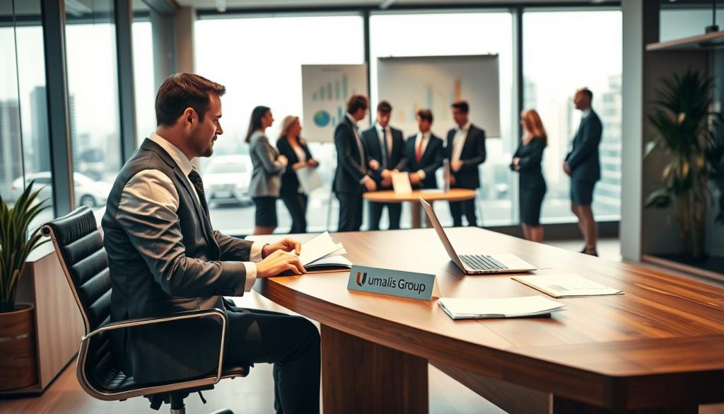 A professional office setting showcasing the concept of "Portage salarial work status." In the foreground, a well-dressed international consultant sits at a sleek wooden desk, reviewing documents and a laptop, exuding a focused demeanor. In the middle ground, a diverse group of professionals, dressed in smart business attire, engage in a discussion surrounded by charts and graphs depicting work status. The background features a modern office with large windows overlooking a cityscape, suggesting a dynamic work environment. Soft, warm lighting creates an inviting atmosphere, while a shallow depth of field keeps the focus on the consultant. Incorporate the logo of "Umalis Group" subtly displayed on the desk. Aim for a professional and inspiring mood, emphasizing collaboration and clarity in the understanding of work status.
