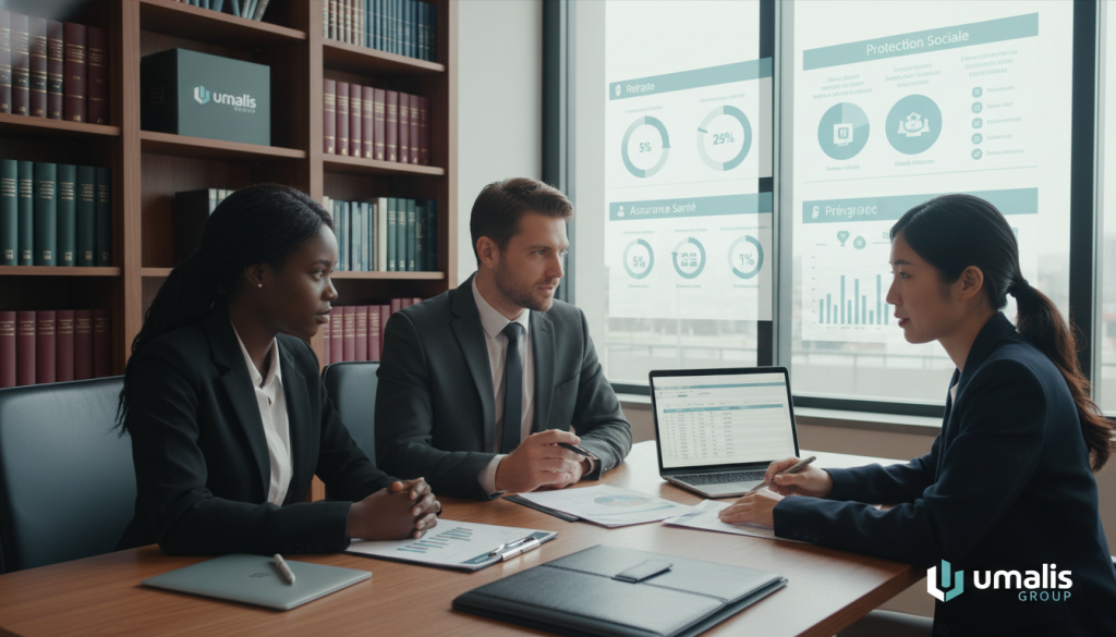 A professional office setting showcasing the concept of "Protection sociale portage salarial." In the foreground, a diverse group of three professionals—two women and one man—dressed in business attire, engaged in a discussion over paperwork and a laptop on a modern conference table. The middle layer features a large window with soft, natural light illuminating the room, highlighting charts and graphs related to social security and protection benefits displayed on the walls. In the background, a bookshelf filled with legal books and resources reflects a sense of security and stability. The atmosphere is collaborative and reassuring, conveying the advantages of portage salarial. Include subtle branding elements of "Umalis Group" integrated within the design, ensuring it complements the overall professional theme.