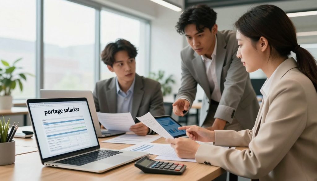 A professional office setting showcasing the concept of administrative management in the context of "portage salarial." In the foreground, an organized workspace featuring a laptop displaying financial documents, invoices, and a calculator, symbolizing tasks like invoicing and client follow-ups. In the middle, a diverse group of three professionals in modest business attire engaged in a discussion—two are reviewing documents while one gestures towards a digital tablet displaying charts. The background portrays a modern office environment, with large windows allowing natural light to stream in, highlighting a sense of clarity and focus. The atmosphere conveys productivity and success, with a warm, inviting color palette. The image should be well-lit, capturing the details of the workspace and the expressions of the individuals. A professional office setting showcasing the concept of administrative management in the context of "portage salarial." In the foreground, an organized workspace featuring a laptop displaying financial documents, invoices, and a calculator, symbolizing tasks like invoicing and client follow-ups. In the middle, a diverse group of three professionals in modest business attire engaged in a discussion—two are reviewing documents while one gestures towards a digital tablet displaying charts. The background portrays a modern office environment, with large windows allowing natural light to stream in, highlighting a sense of clarity and focus. The atmosphere conveys productivity and success, with a warm, inviting color palette. The image should be well-lit, capturing the details of the workspace and the expressions of the individuals.