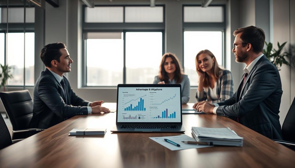 A professional office setting showcasing the concept of "advantages and obligations of a ported employee". In the foreground, a diverse group of three professionals in business attire—two men and one woman—are engaged in discussion around a modern conference table. The middle ground features an open laptop displaying charts and graphs representing employment advantages and obligations, while a small stack of documents lies nearby. The background shows large windows illuminating the room with natural light, creating a productive atmosphere. Soft shadows accentuate the details, suggesting an inviting and collaborative workspace. The overall mood is motivational and focused, embodying security and professionalism. Include a subtle, stylish logo of "UMALIS GROUP" on one of the documents to add branding.