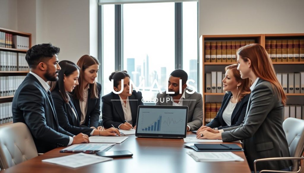 A professional office setting showcasing the concept of "cadre réglementaire portage salarial." In the foreground, depict a group of diverse business professionals in business attire, engaged in a discussion around a table with documents and a laptop displaying graphs and legal frameworks. In the middle ground, include a large window revealing a city skyline, symbolizing growth and opportunity. The background should feature shelves filled with law books and folders labeled with legal topics relevant to portage salarial. Soft, natural lighting filters through the window, enhancing a productive and focused atmosphere. Use a wide-angle lens to capture the collaborative energy of the scene while incorporating the brand name "UMALIS GROUP" subtly within the office environment, ensuring it appears professional and integrated.