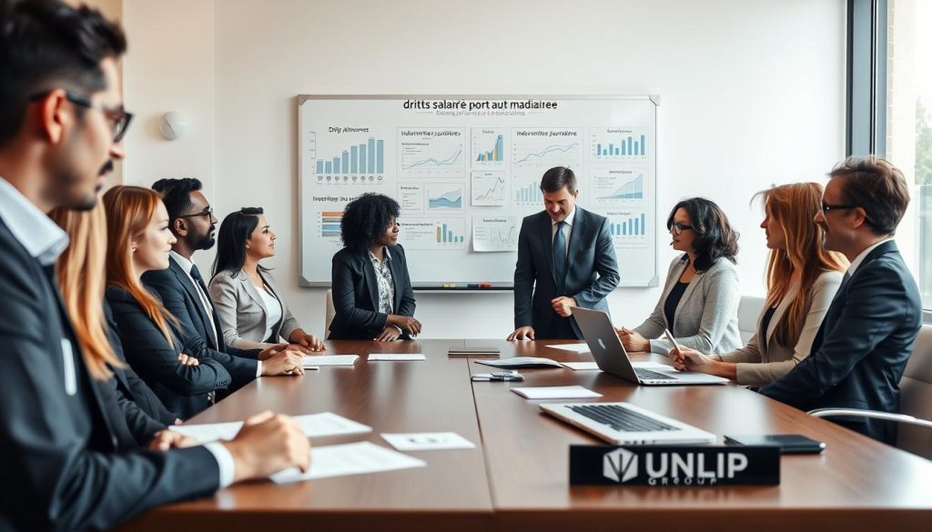 A professional office setting showcasing the concept of "droits salarié porté arrêt maladie." In the foreground, a diverse group of business professionals, dressed in smart business attire, is engaged in a discussion around a conference table filled with documents and a laptop displaying data. The middle scene captures a large whiteboard with charts and graphs illustrating daily allowances ("indemnités journalières") related to salaried portage. In the background, a large window allows natural light to illuminate the room, creating a warm, inviting atmosphere. The mood is collaborative and informative, reflecting a sense of empowerment and professionalism. Include subtle branding elements of "UMALIS GROUP" on the table, ensuring they are integrated smoothly into the design without being obtrusive. A professional office setting showcasing the concept of "droits salarié porté arrêt maladie." In the foreground, a diverse group of business professionals, dressed in smart business attire, is engaged in a discussion around a conference table filled with documents and a laptop displaying data. The middle scene captures a large whiteboard with charts and graphs illustrating daily allowances ("indemnités journalières") related to salaried portage. In the background, a large window allows natural light to illuminate the room, creating a warm, inviting atmosphere. The mood is collaborative and informative, reflecting a sense of empowerment and professionalism. Include subtle branding elements of "UMALIS GROUP" on the table, ensuring they are integrated smoothly into the design without being obtrusive.