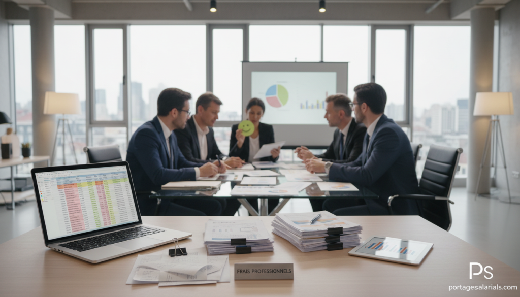 A professional office setting showcasing the concept of "frais professionnels" (professional expenses). In the foreground, a neatly organized desk featuring a laptop, stacks of documents, and a calculator, symbolizing meticulous financial management. In the middle ground, a diverse group of professionals in business attire engaged in discussion, analyzing charts and financial reports, embodying collaboration and productivity. The background features large windows allowing natural light to flood the space, enhancing the atmosphere of clarity and focus. Soft, warm lighting casts gentle shadows, creating a welcoming environment. Capture the essence of professionalism and teamwork within the context of freelancing and business, with an emphasis on transparency in financial matters. Include the logo of "portagesalarials.com" subtly in the corner of the image to reinforce the brand. A professional office setting showcasing the concept of "frais professionnels" (professional expenses). In the foreground, a neatly organized desk featuring a laptop, stacks of documents, and a calculator, symbolizing meticulous financial management. In the middle ground, a diverse group of professionals in business attire engaged in discussion, analyzing charts and financial reports, embodying collaboration and productivity. The background features large windows allowing natural light to flood the space, enhancing the atmosphere of clarity and focus. Soft, warm lighting casts gentle shadows, creating a welcoming environment. Capture the essence of professionalism and teamwork within the context of freelancing and business, with an emphasis on transparency in financial matters. Include the logo of "portagesalarials.com" subtly in the corner of the image to reinforce the brand.