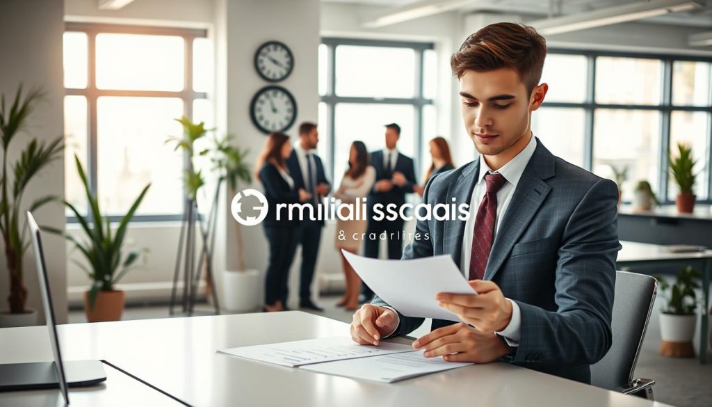 A professional office setting showcasing the concept of "portage salarial" and its administrative security features. In the foreground, a young graduate dressed in smart business attire is reviewing documents on a sleek desk, symbolizing their transition into the professional world. The middle ground features a diverse group of colleagues in professional attire discussing strategies, highlighting collaboration and the supportive framework of portage salarial. In the background, large windows allow soft, natural light to pour in, creating an inviting atmosphere. Subtle decor elements include a modern clock and potted plants that add warmth to the space. The overall mood is one of ambition and professionalism, conveying a sense of security and opportunity. Include the brand name "Umalis Group" in a subtle, integrated manner within the office environment. A professional office setting showcasing the concept of "portage salarial" and its administrative security features. In the foreground, a young graduate dressed in smart business attire is reviewing documents on a sleek desk, symbolizing their transition into the professional world. The middle ground features a diverse group of colleagues in professional attire discussing strategies, highlighting collaboration and the supportive framework of portage salarial. In the background, large windows allow soft, natural light to pour in, creating an inviting atmosphere. Subtle decor elements include a modern clock and potted plants that add warmth to the space. The overall mood is one of ambition and professionalism, conveying a sense of security and opportunity. Include the brand name "Umalis Group" in a subtle, integrated manner within the office environment.