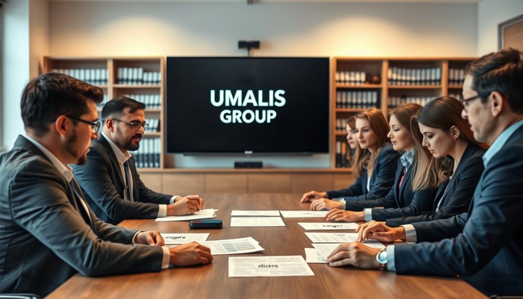 A professional office setting showcasing the concept of "portage salarial" in France. In the foreground, a diverse group of business professionals, including both men and women in smart business attire, engage in a discussion around a conference table. They are examining documents labeled with key terms such as "congés payés" (paid leave) and "droits" (rights). The middle ground features a large screen displaying the logo "UMALIS GROUP." The background includes shelves filled with legal books and soft lighting to create a warm, inviting atmosphere. The image captures a sense of collaboration and professionalism, with an emphasis on the legal framework surrounding employment rights in France. Use a slight depth of field to focus on the group while softly blurring the background. A professional office setting showcasing the concept of "portage salarial" in France. In the foreground, a diverse group of business professionals, including both men and women in smart business attire, engage in a discussion around a conference table. They are examining documents labeled with key terms such as "congés payés" (paid leave) and "droits" (rights). The middle ground features a large screen displaying the logo "UMALIS GROUP." The background includes shelves filled with legal books and soft lighting to create a warm, inviting atmosphere. The image captures a sense of collaboration and professionalism, with an emphasis on the legal framework surrounding employment rights in France. Use a slight depth of field to focus on the group while softly blurring the background.