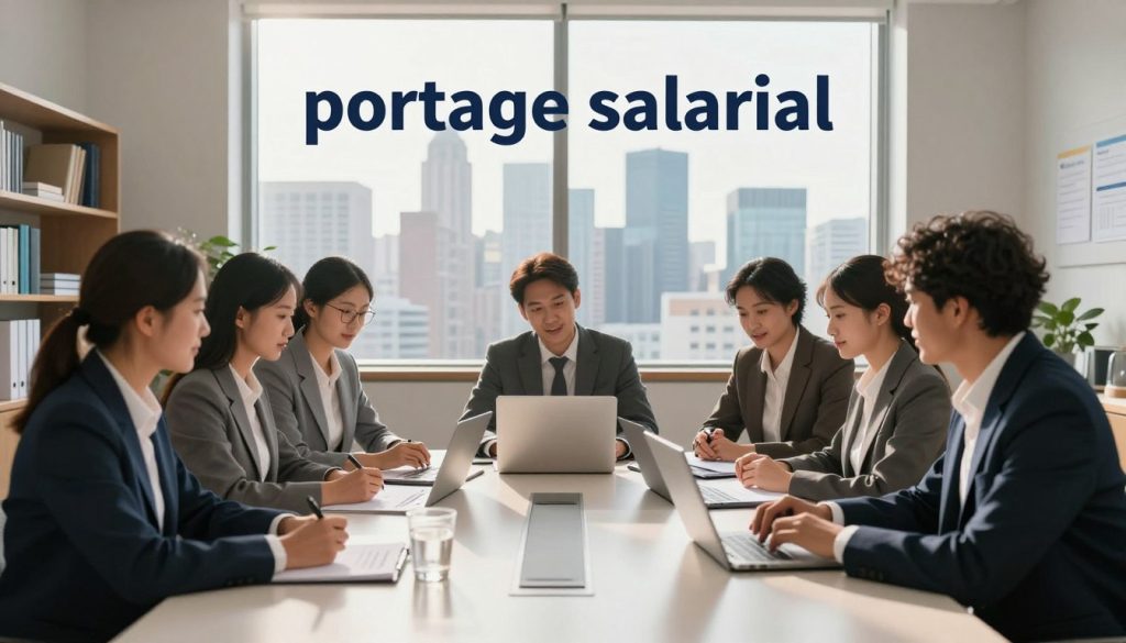 A professional office setting showcasing the concept of "portage salarial." In the foreground, a diverse group of business professionals, dressed in smart business attire, are collaborating around a sleek modern conference table filled with documents, laptops, and a coffee pot, demonstrating teamwork and financial consultation. In the middle ground, a large window reveals a vibrant city skyline, hinting at economic opportunities. Soft sunlight filters through, casting warm, inviting light across the room. In the background, shelves filled with books on finance and contracts emphasize the practical side of portage salarial. The overall mood is optimistic and productive, conveying the advantages of financial efficiency and practical optimization in a contemporary workspace.