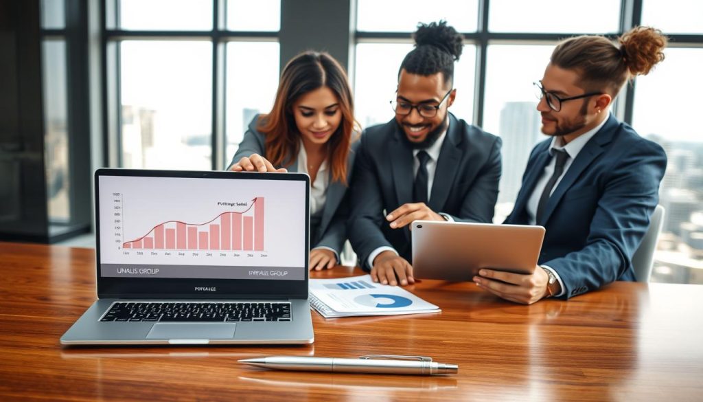 A professional office setting showcasing the concept of "portage salarial." In the foreground, a diverse group of three professionals in smart business attire consult over a laptop on a polished wooden table. One person points to a financial graph displayed on the screen, illustrating decision-making elements related to choosing between portage salarial and creating a business. In the middle, there are charts and notebooks scattered on the table, symbolizing strategy. In the background, a large window allows natural light to flood the scene, with a cityscape view, highlighting a modern urban environment. The atmosphere conveys a sense of collaboration and clarity, reflecting the supportive nature of portage salarial. The brand name "UMALIS GROUP" is subtly featured on a pen lying on the table.