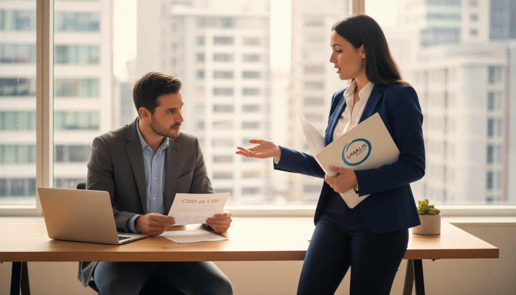 A professional office setting showcasing two business professionals engaged in a discussion about "contrat travail portage salarial". In the foreground, a confident woman in business attire, holding a folder with the "Umalis Group" logo, gestures while explaining salient points. In the middle ground, a man in smart casual clothing reviews a document titled "CDD et CDI" on a sleek, modern desk, surrounded by a laptop and a potted plant. The background features a large window with natural light streaming in, showcasing an urban skyline. The mood is focused and collaborative, emphasizing the importance of contractual modalities in portage salarial. The image is well-lit, with soft shadows, creating a conducive atmosphere for professional dialogue.