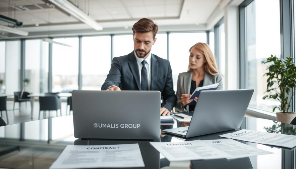 A professional office setting showcasing two business professionals—one man and one woman—discussing a contract related to "portage salarial." In the foreground, the man in a dark suit and tie is pointing at a document on a glossy table, while the woman, wearing a smart blouse and blazer, is taking notes on a notepad. In the middle ground, a laptop displaying the logo "UMALIS GROUP" sits open, with scattered papers that include contract headers labeled "CDD" and "CDI." The background features a modern office with large windows allowing natural light to flow in, highlighting a sense of collaboration and professionalism. The atmosphere is focused and serious, reflecting the importance of understanding contractual rights and benefits. Use soft, diffused lighting to create an inviting yet professional mood.