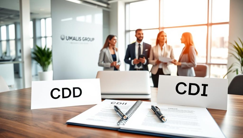 A professional office setting showcasing two distinct contract types, CDD and CDI in portage salarial, represented visually. In the foreground, a polished wooden desk with two folders labeled "CDD" and "CDI," elegantly arranged with a modern laptop and a stylish pen. In the middle ground, a diverse group of three professionals in business attire, engaged in a collaborative discussion, conveying focus and teamwork. The background features a sleek office with large windows allowing natural light to flood the room, creating a warm, inviting atmosphere. Subtle branding for "UMALIS GROUP" is integrated into the office decor. The mood is one of professionalism and cooperation, emphasizing the importance of contract understanding in a business environment.